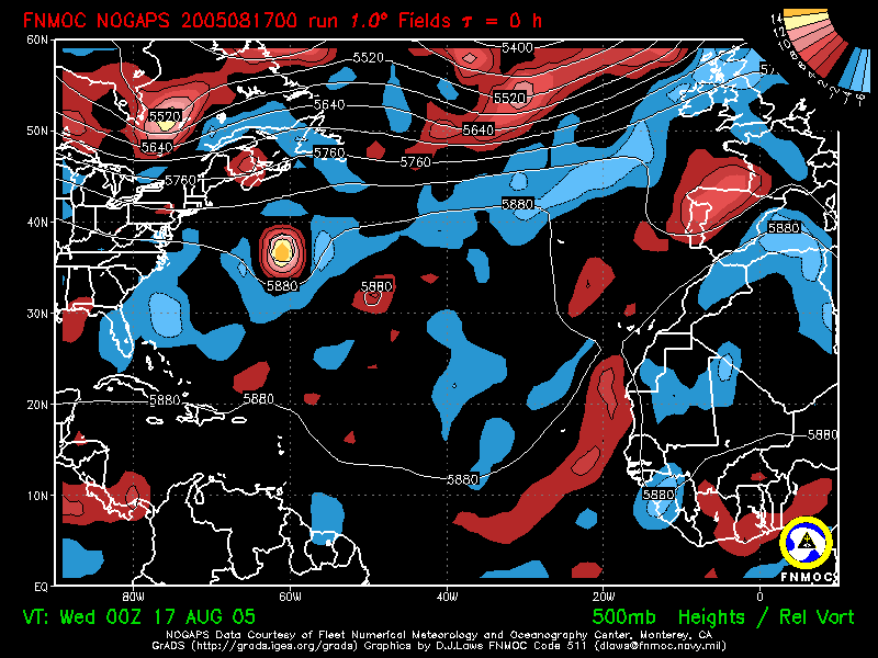 product: 500 hPa Heights [m] and Rel. Vort [10-5 s-1], area: Atlantic, tau: 000 